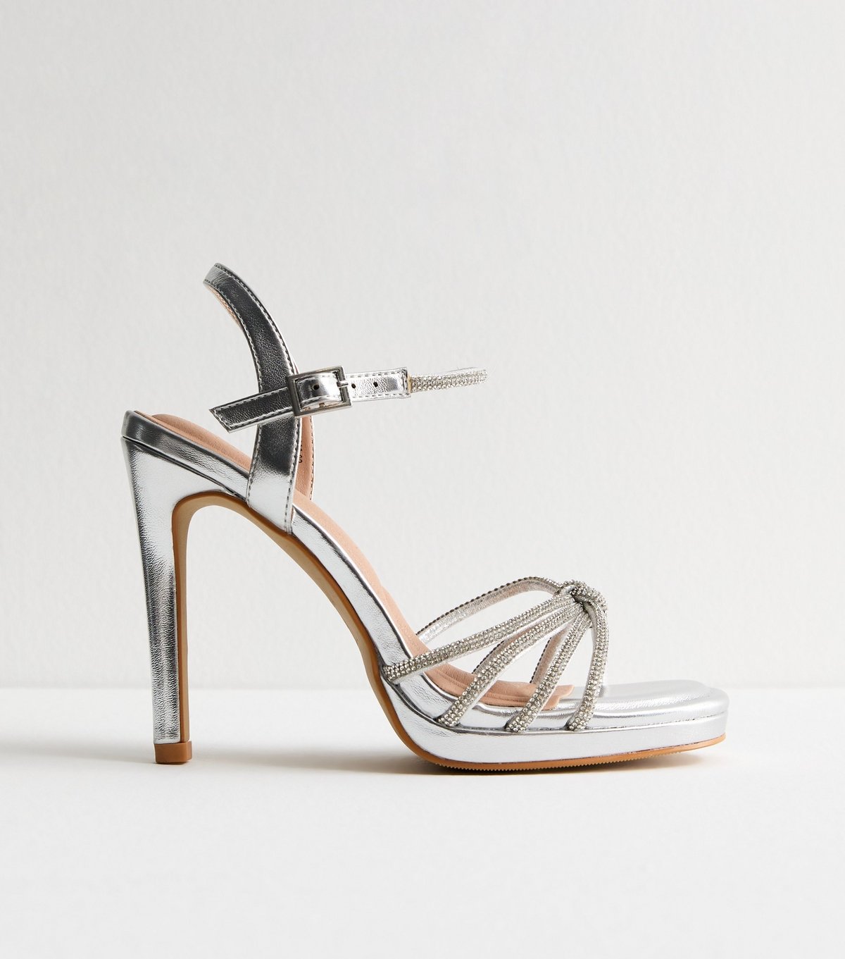 New Look Women's Silver Crystal Strap Faux Leather Stiletto Heel Sandals Vegan New Look - 2