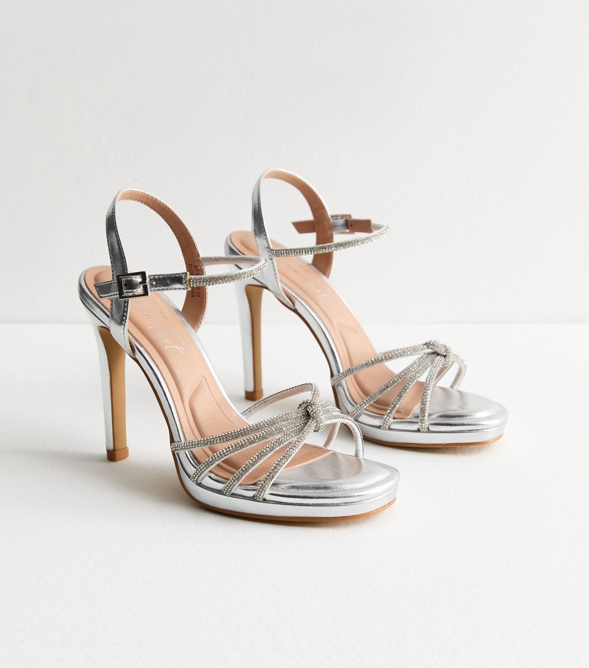 New Look Women's Silver Crystal Strap Faux Leather Stiletto Heel Sandals Vegan New Look - 3