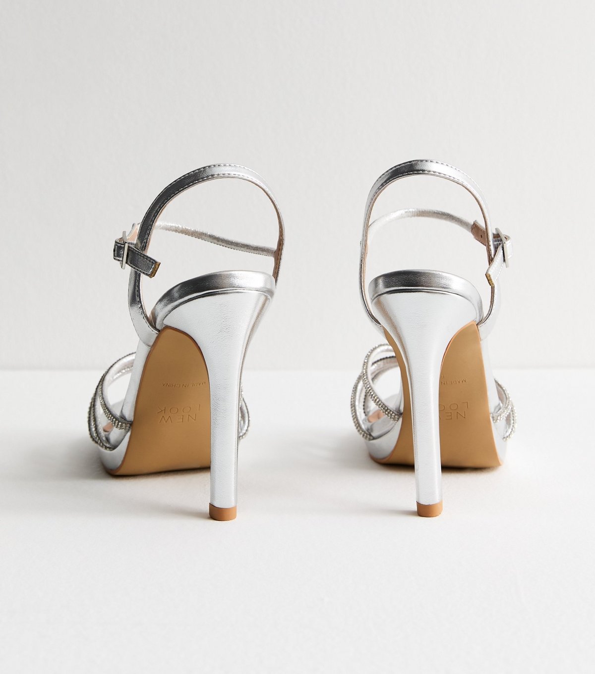 New Look Women's Silver Crystal Strap Faux Leather Stiletto Heel Sandals Vegan New Look - 4