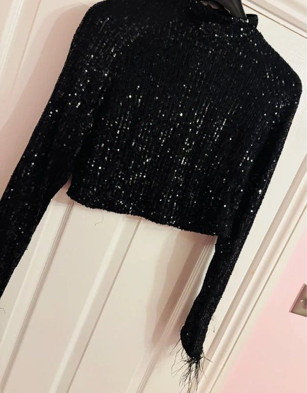 Coast Black Sequin Feather Long Sleeved Top