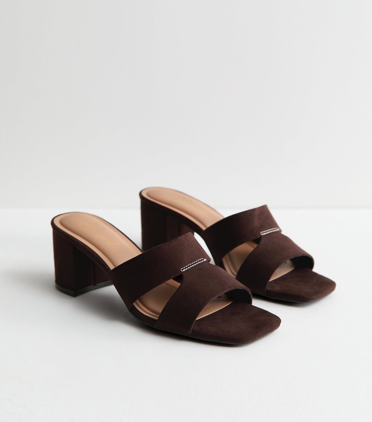 New Look Women's Dark Brown Faux Suede Cut Out Strap Block Heel Mules Vegan New Look - 2