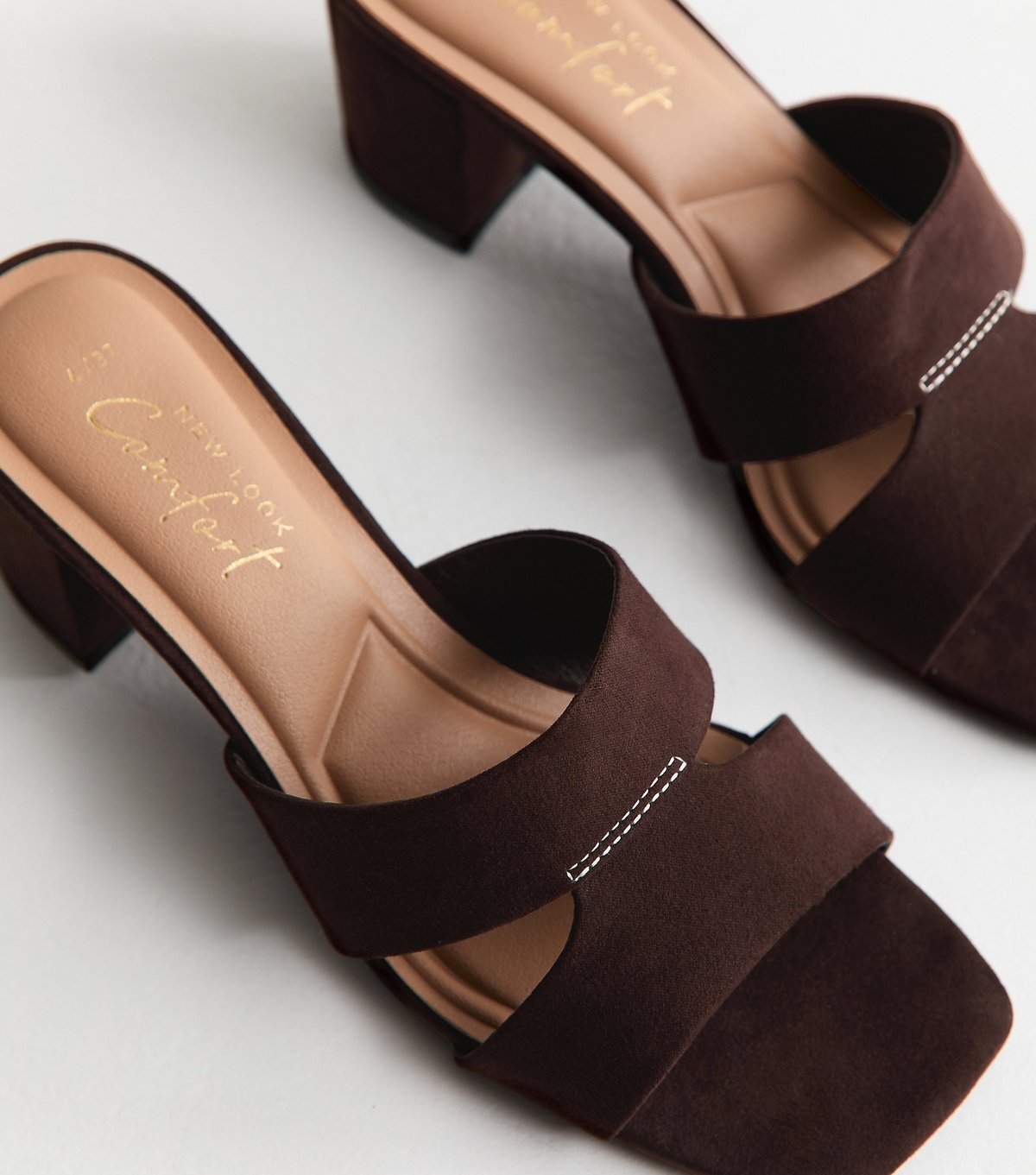 New Look Women's Dark Brown Faux Suede Cut Out Strap Block Heel Mules Vegan New Look - 4