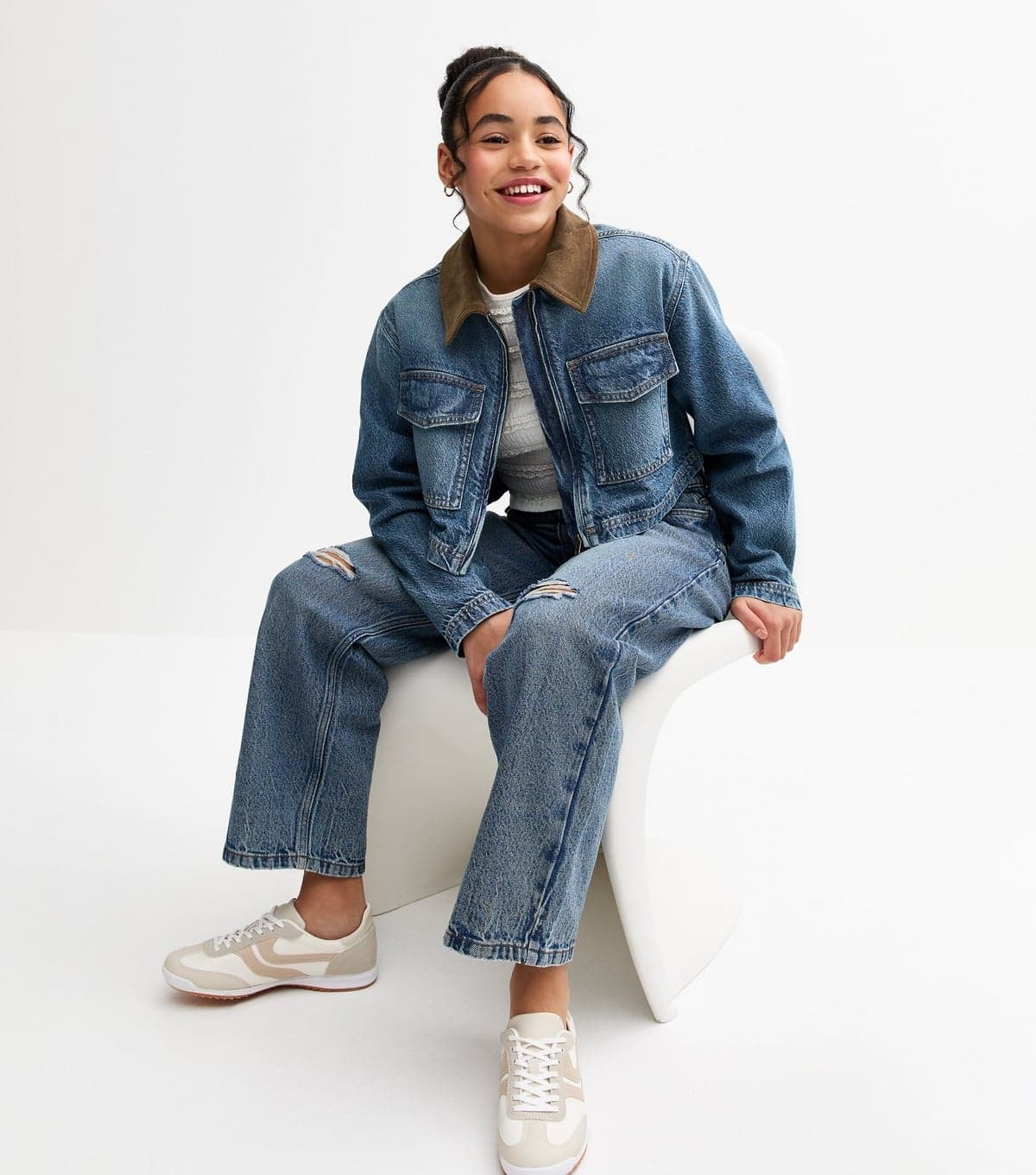 New Look Girls' Blue Contrast Collar Cropped Denim Jacket New Look