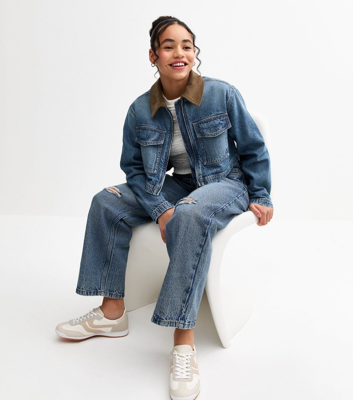 New Look Blue Denim Jacket with Tan Collar