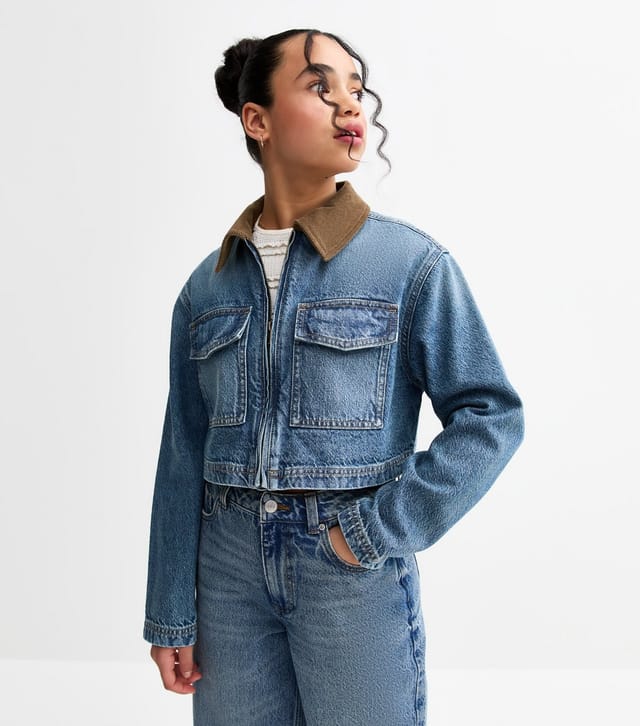 New Look Girls' Blue Contrast Collar Cropped Denim Jacket New Look - 2