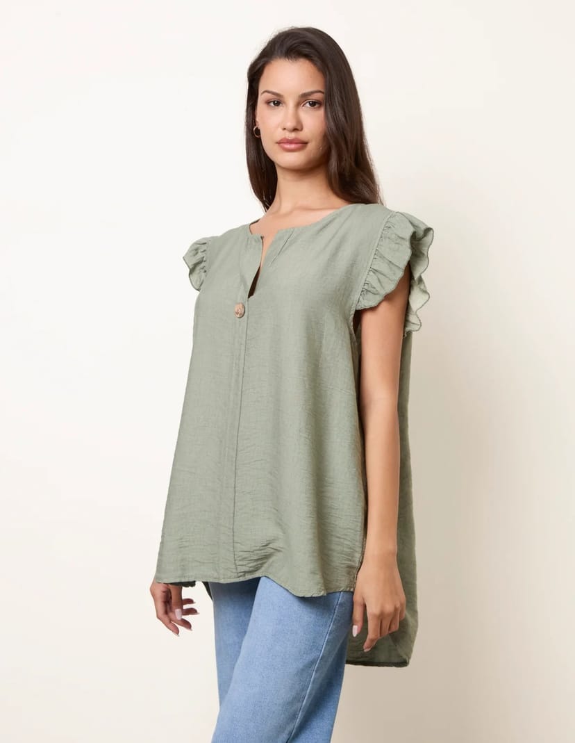 Blue Vanilla One Button Frill Sleeve Top - 1