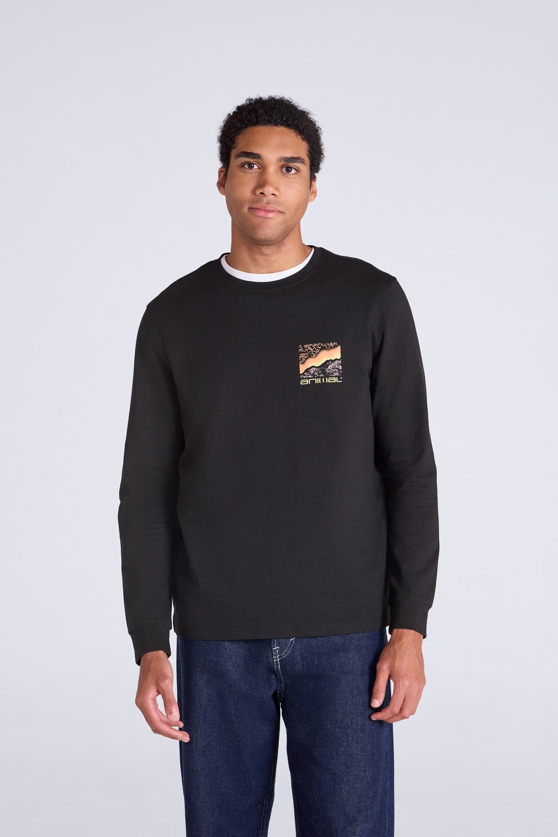 Animal Animal Men's 'Tommy' Long Sleeve Graphic Cotton T-Shirt in Jet Black