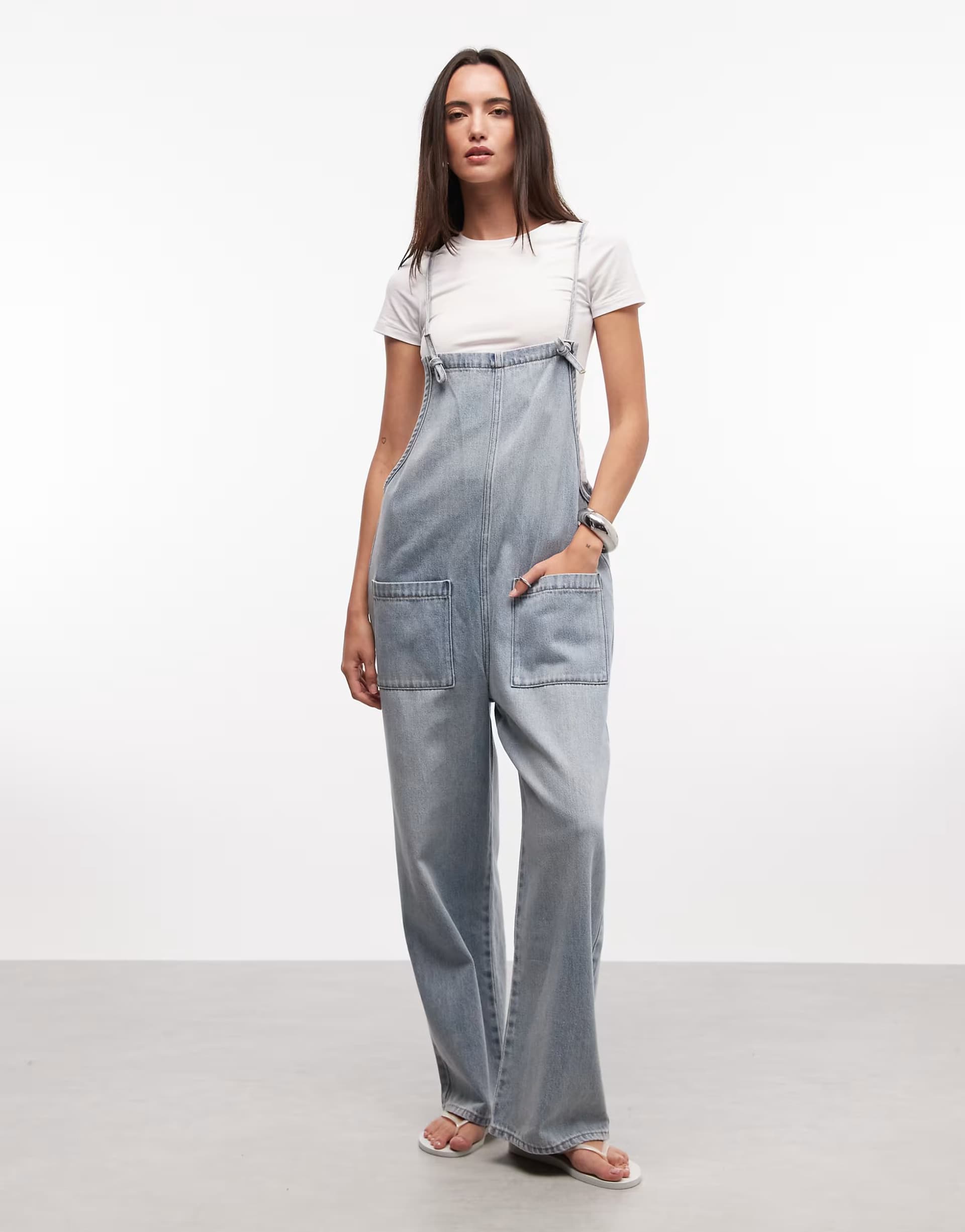 ASOS Monki denim wide leg jumpsuit in light blue wash