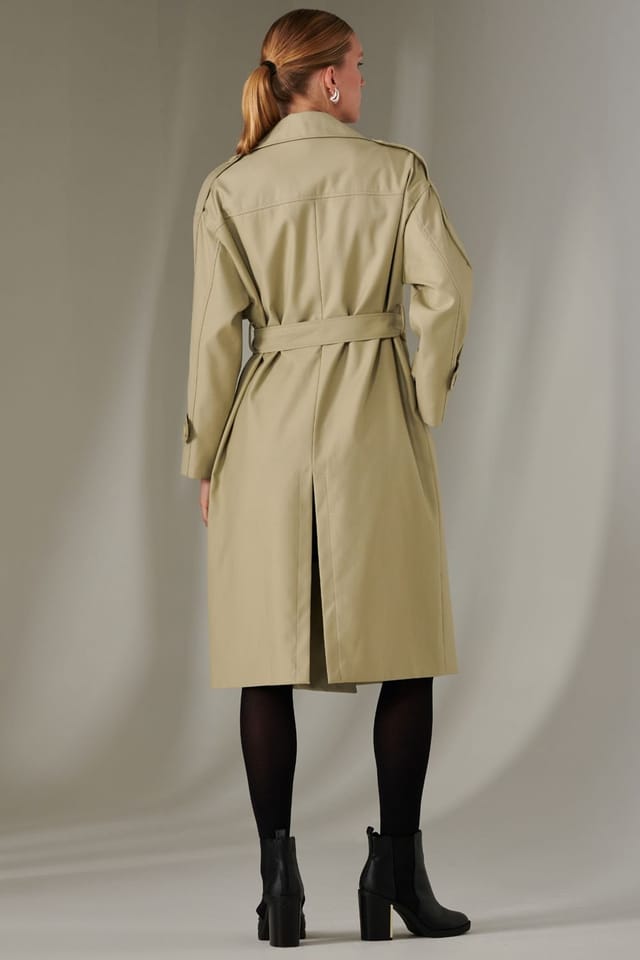 Jolie Moi Jolie Moi Women's Double Breasted Trench Coat in Stone - 2
