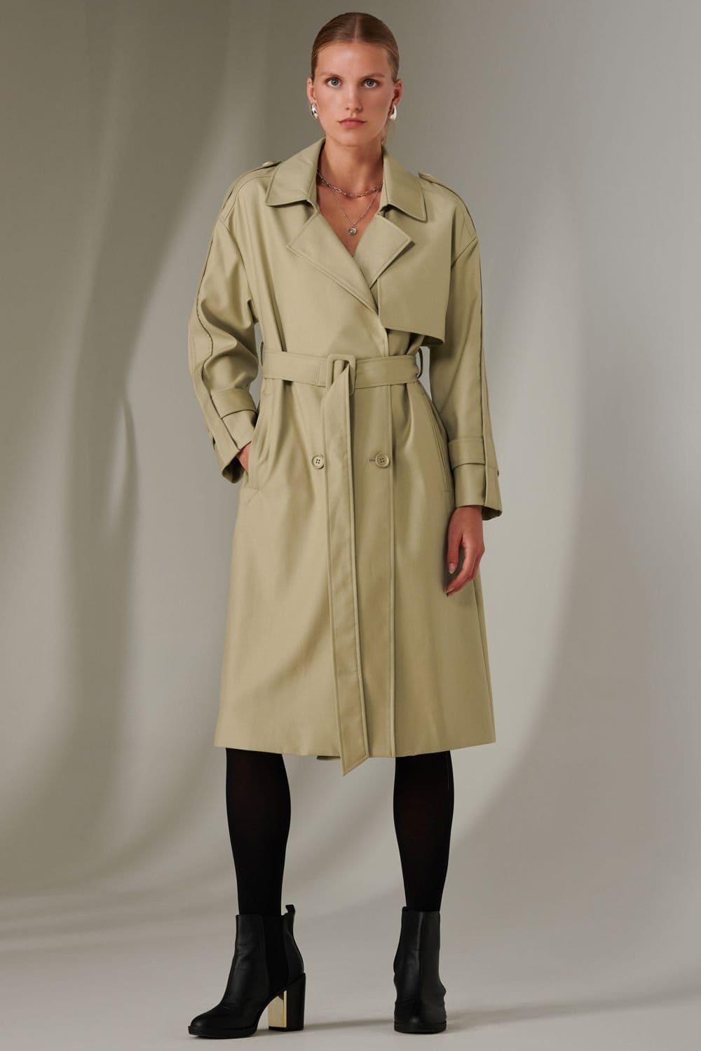 Jolie Moi Jolie Moi Women's Double Breasted Trench Coat in Stone - 4
