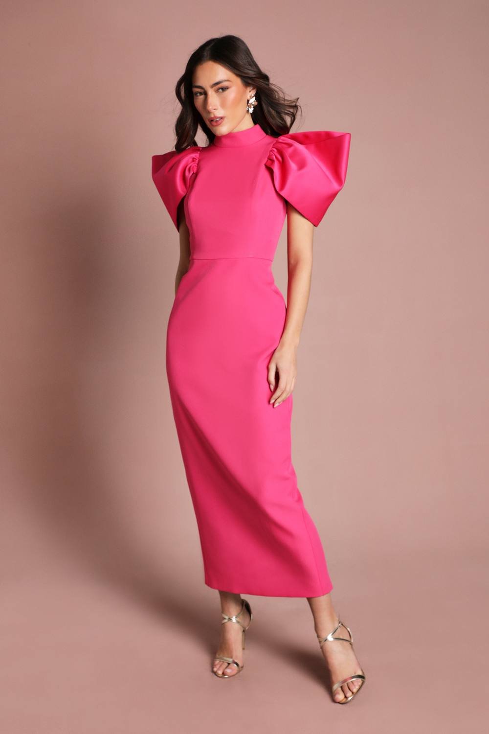 Coast Coast Women's Muse Structured Satin Volume Sleeve Maxi Dress in Hot Pink - 2