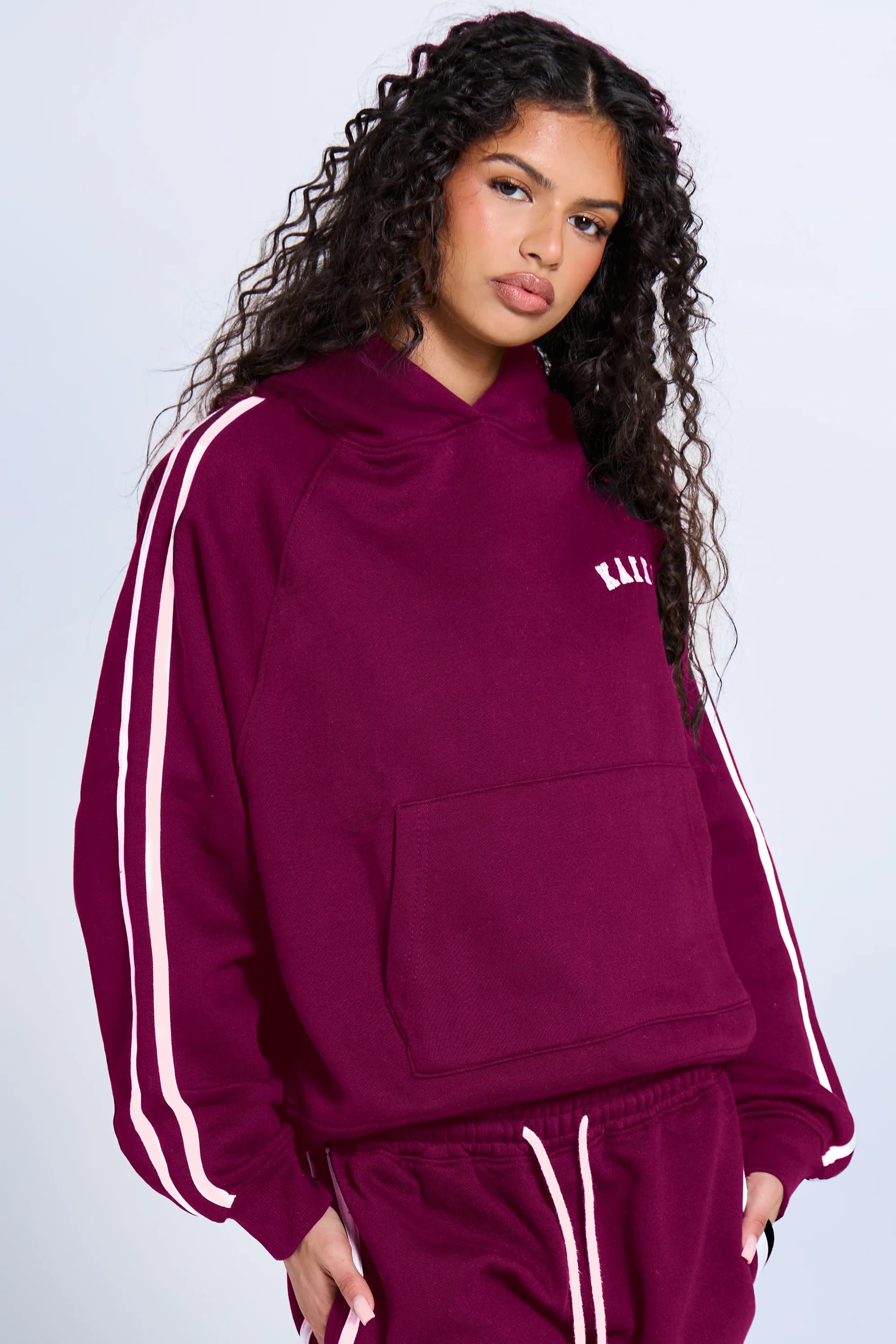 Kaiia Kaiia Sport Side Stripe Oversized Hoodie Dark Cherry & Pink
