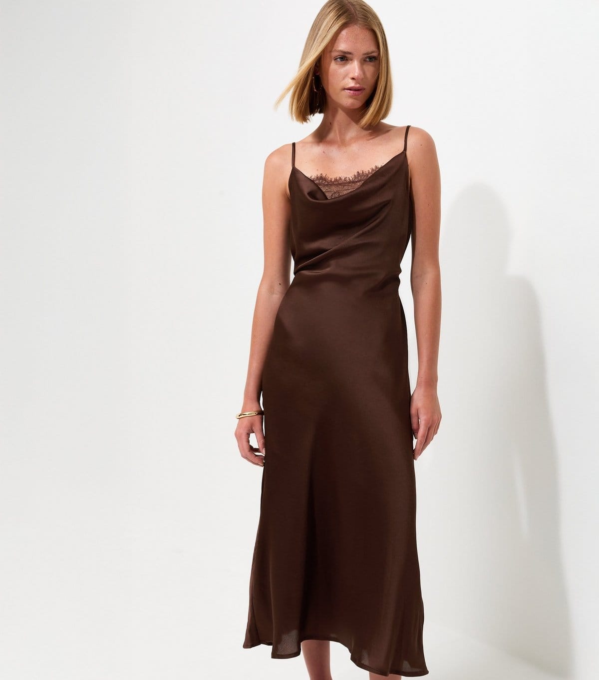 New Look Women's Dark Brown Satin Lace Cowl Neck Strappy Midi Dress New Look - 1