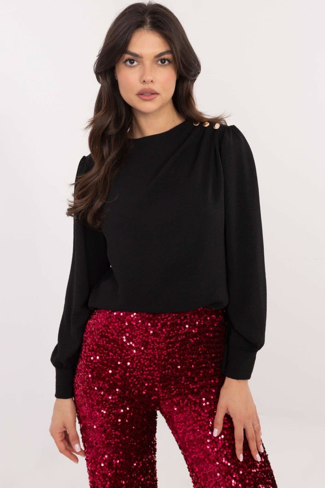 Love Lace Love Lace Black Polyester/Elastane Puff Sleeve Blouse