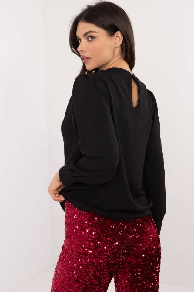 Love Lace Love Lace Women's Elegant Pleated Puff Sleeve Blouse with Buttons in Black - 3