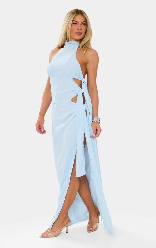 EGO High Neck Tie Side Split Leg Maxi Dress In Baby Blue, Women's Size UK 6 - 2