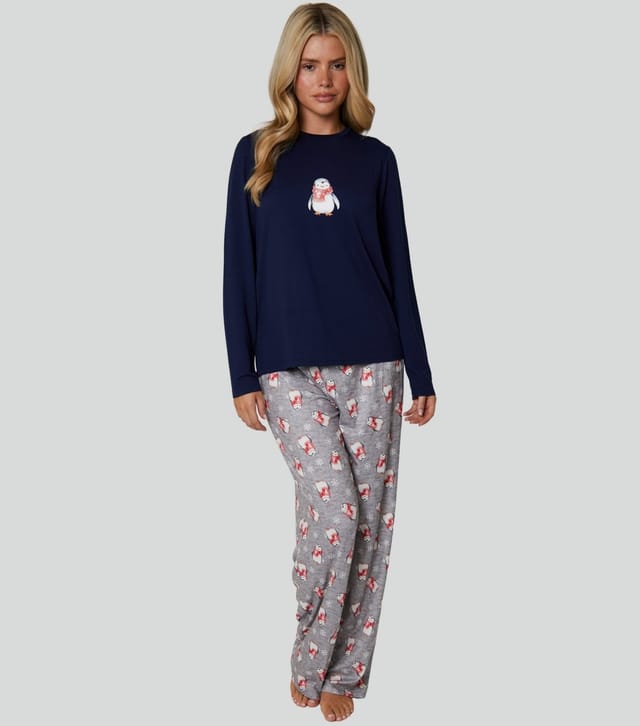 Loungeable Women's Navy Penguin Print Top and Trousers Pyjama Set Loungeable New Look - 2