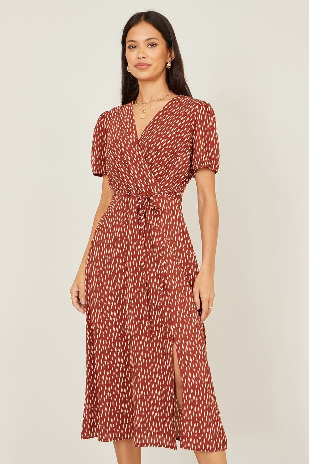 Yumi Yumi Women's Brown Spot Wrap Midi Dress