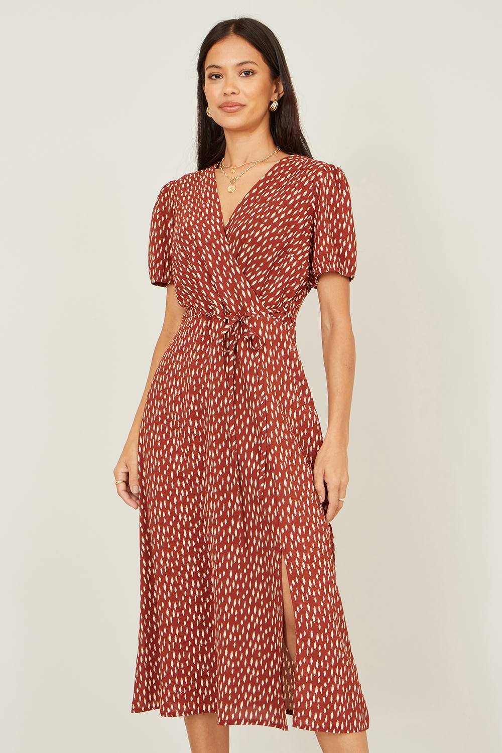 Yumi Yumi Women's Brown Spot Wrap Midi Dress - 3