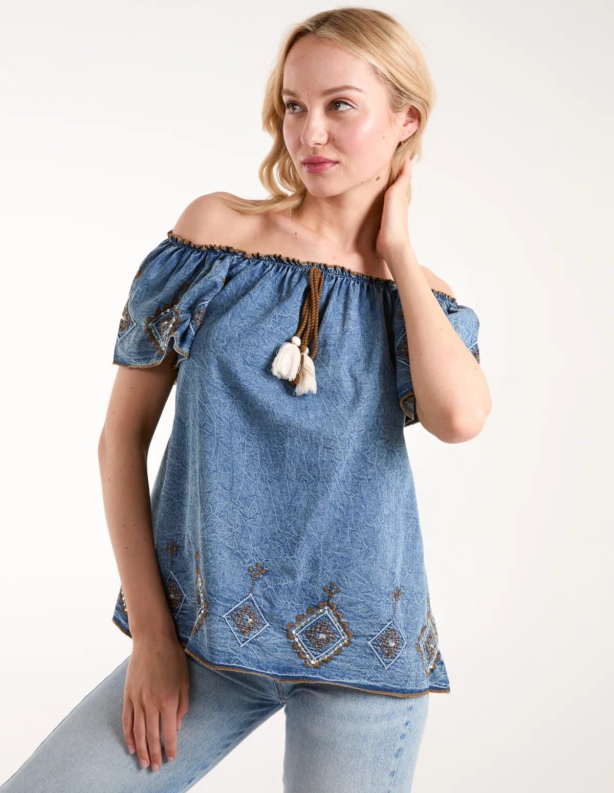Blue Vanilla Denim Embroidered Bardot Top
