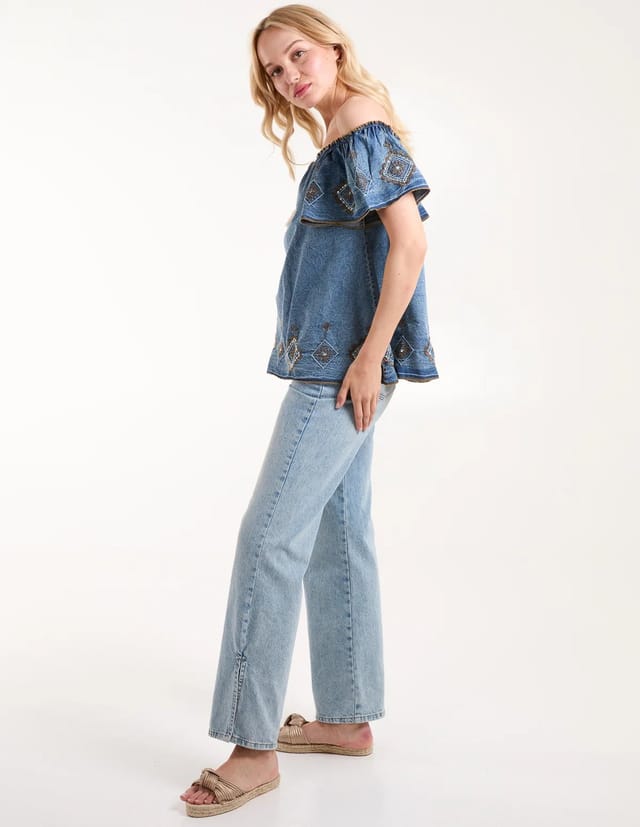 Blue Vanilla Denim Embroidered Bardot Top - 2