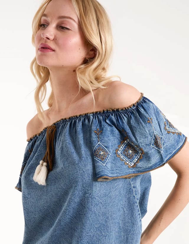Blue Vanilla Denim Embroidered Bardot Top - 3