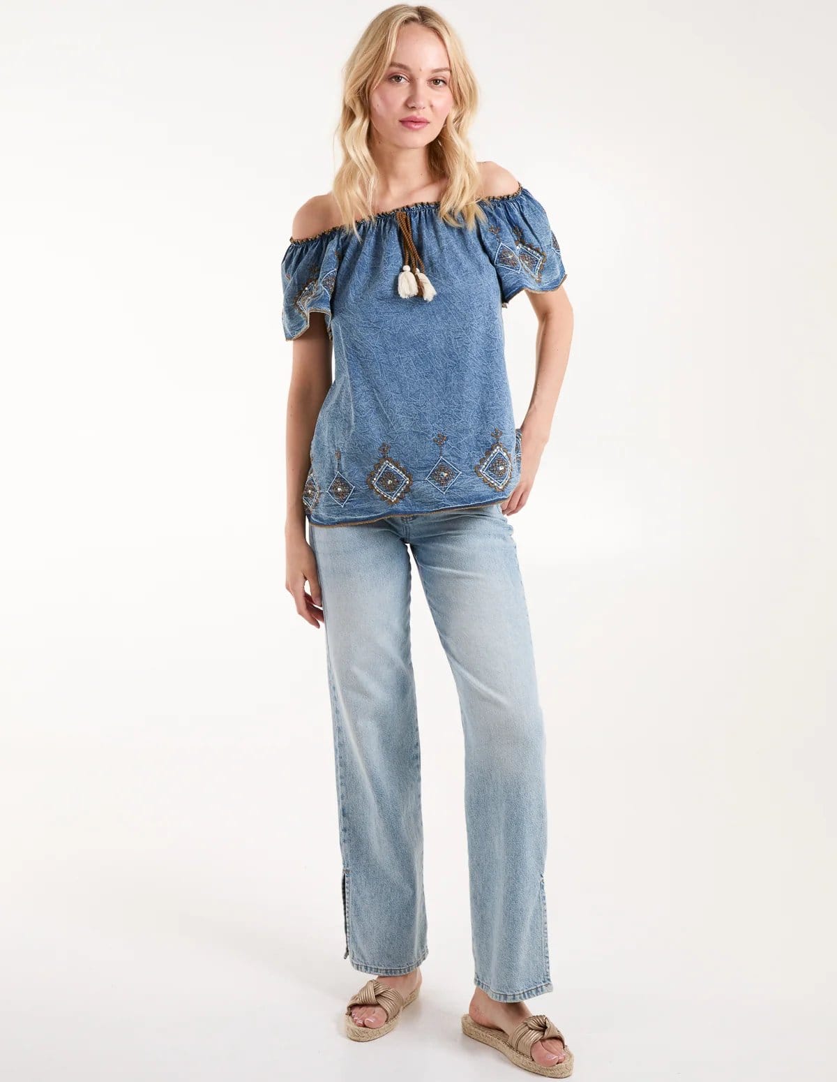 Blue Vanilla Denim Embroidered Bardot Top - 4