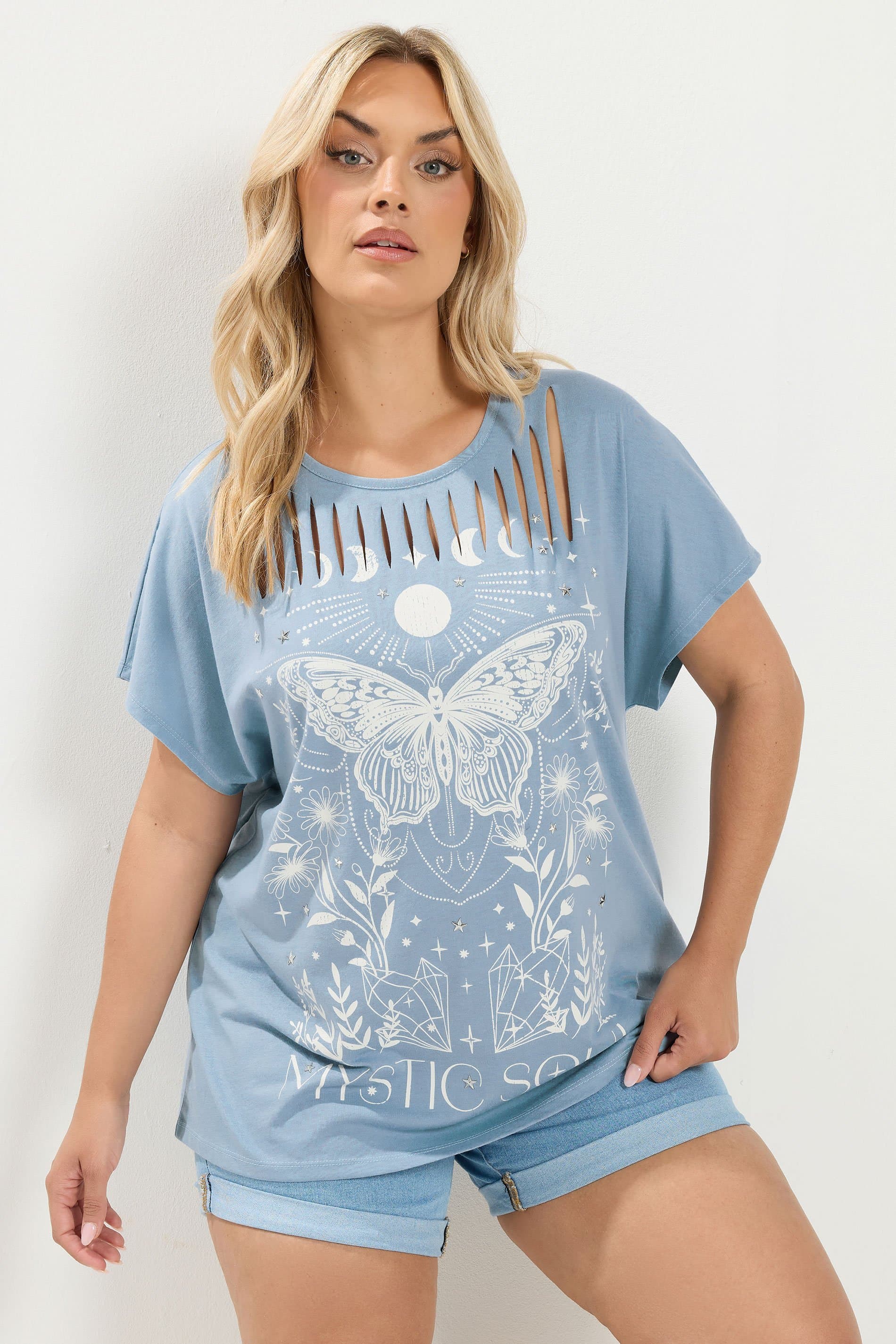 Yours Plus Size Blue 'Mystic Soul' Laser Cut Slogan Tshirt