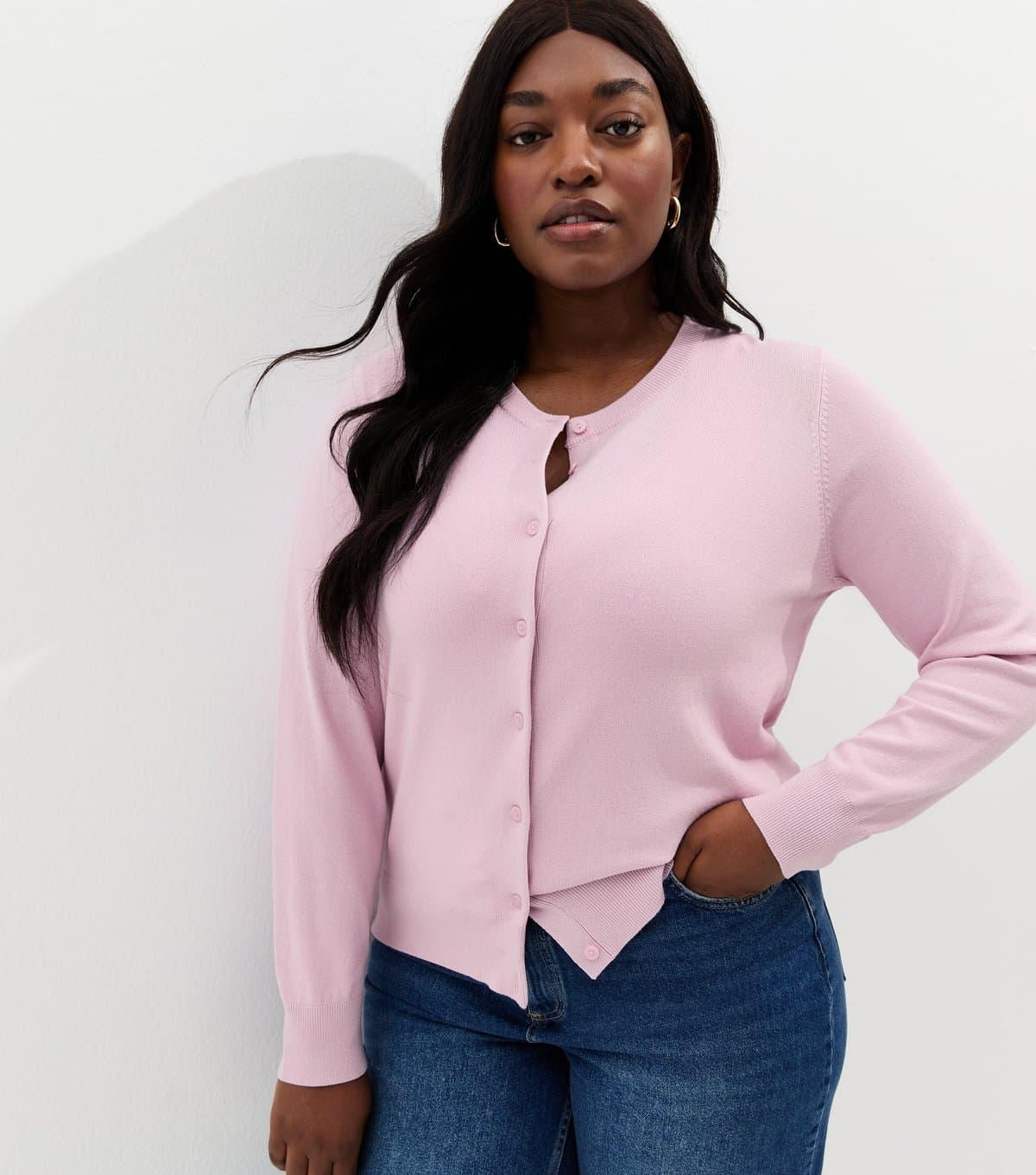 New Look Women's Plus Size Pink Lightweight Crew Neck Cardigan Curves New Look