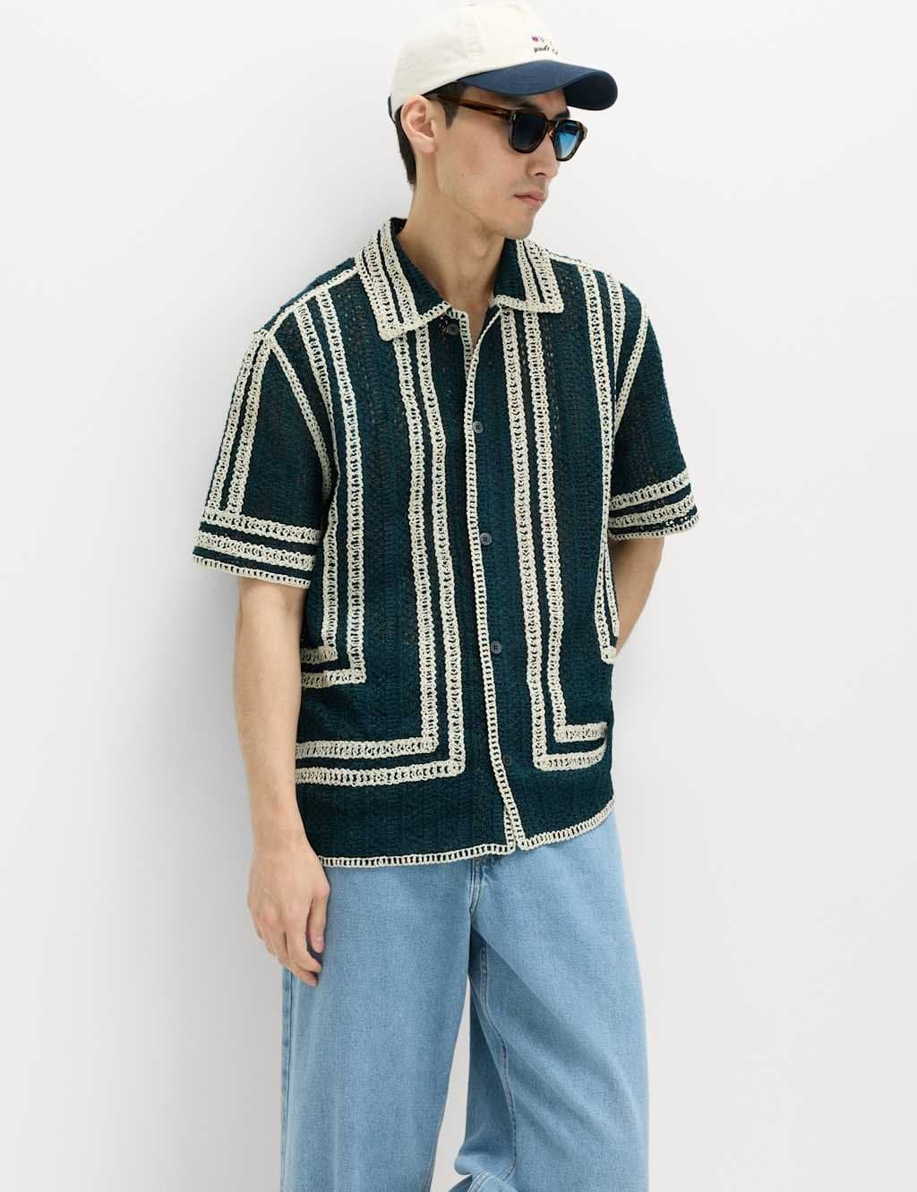 Marks & Spencer M&S Regular Fit Knitted Short Sleeve Shirt Ecru Mix