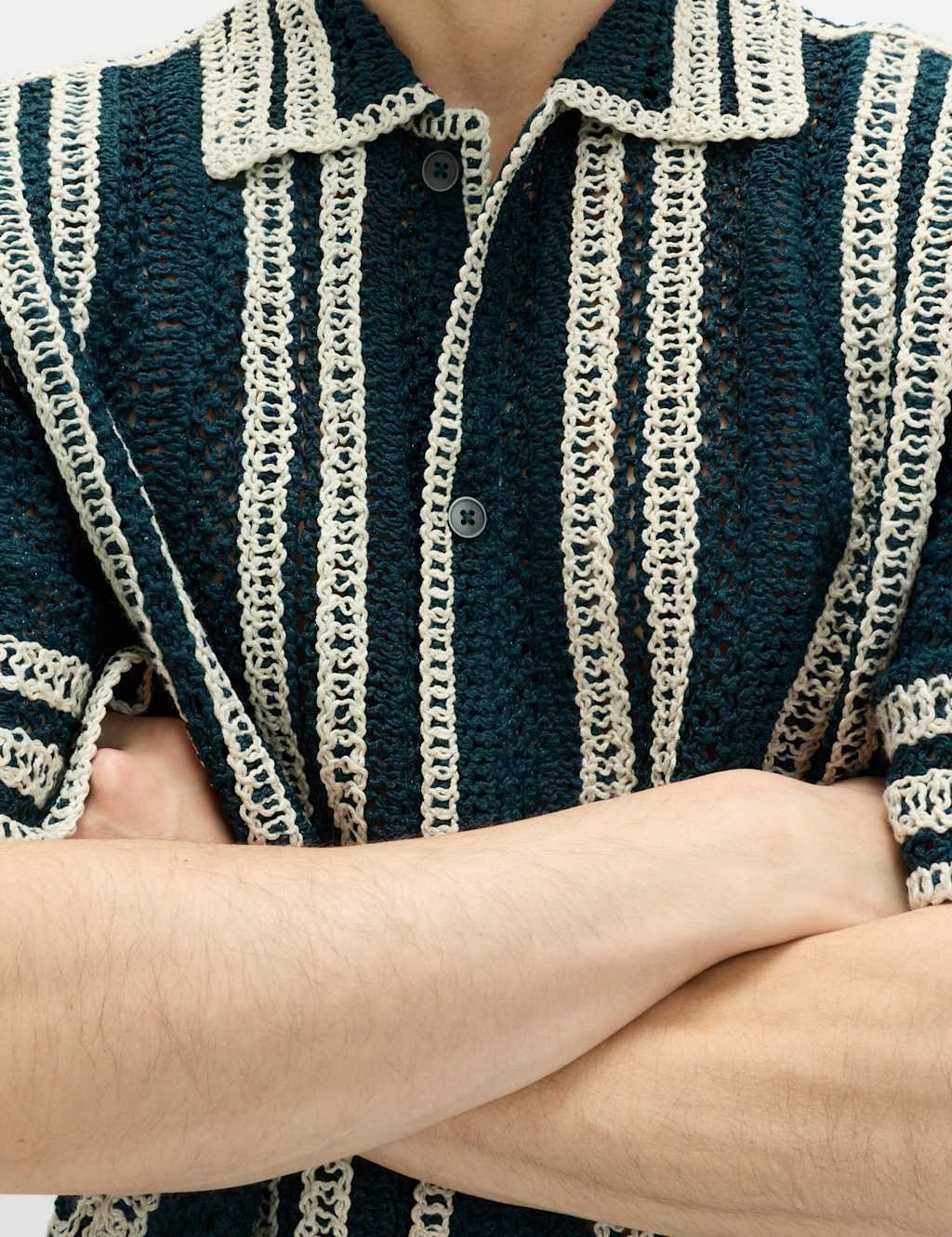 Marks & Spencer M&S Regular Fit Knitted Short Sleeve Shirt Ecru Mix - 2