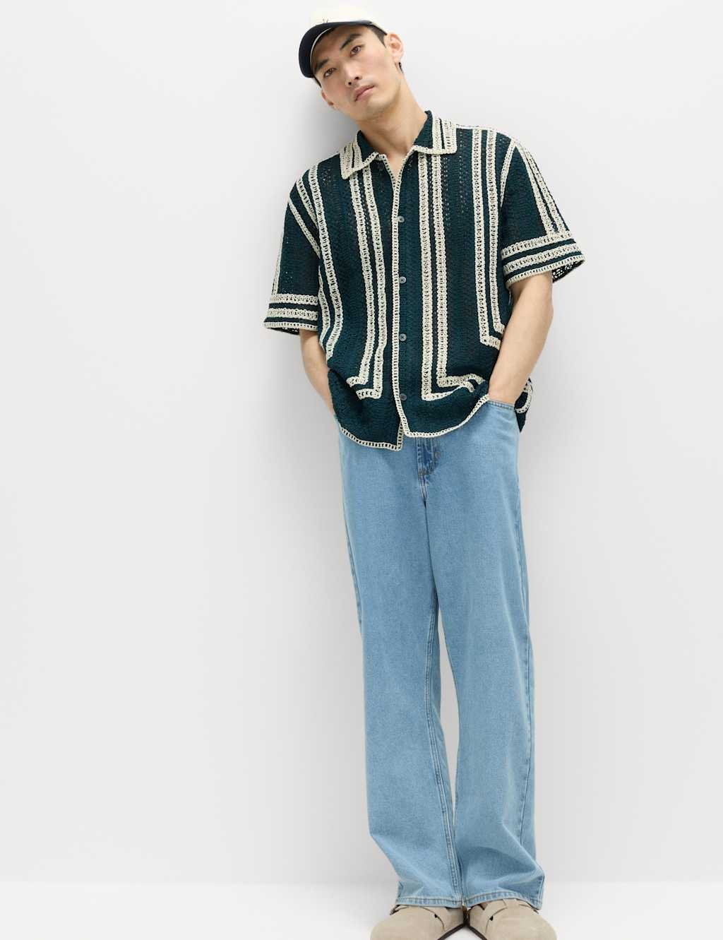 Marks & Spencer M&S Regular Fit Knitted Short Sleeve Shirt Ecru Mix - 4