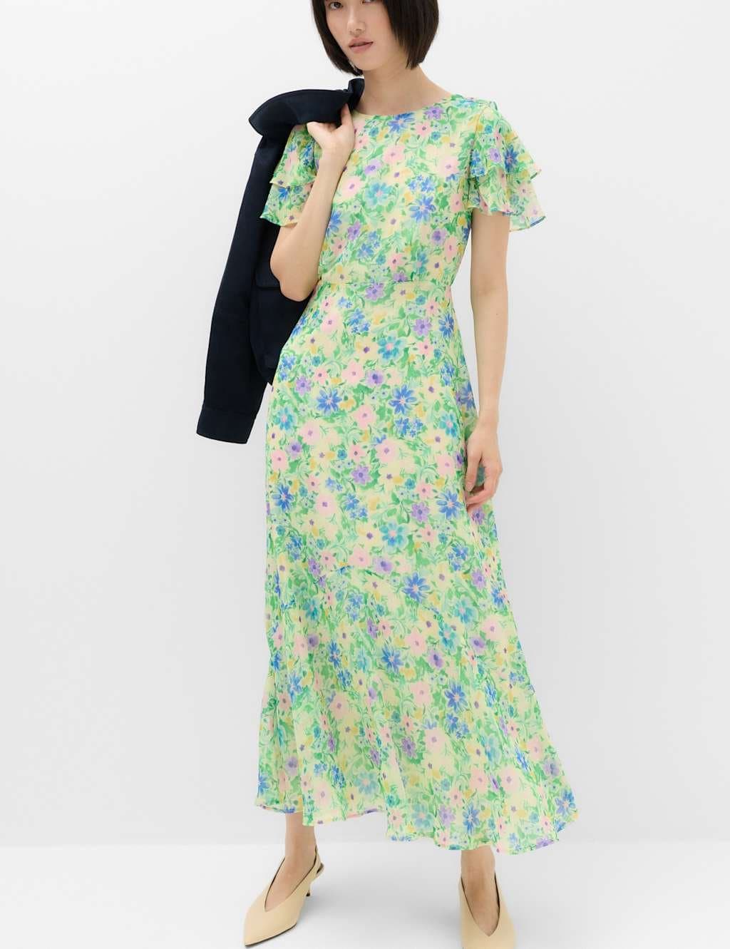 Marks & Spencer M&S Floral Midi Tea Dress Green Mix