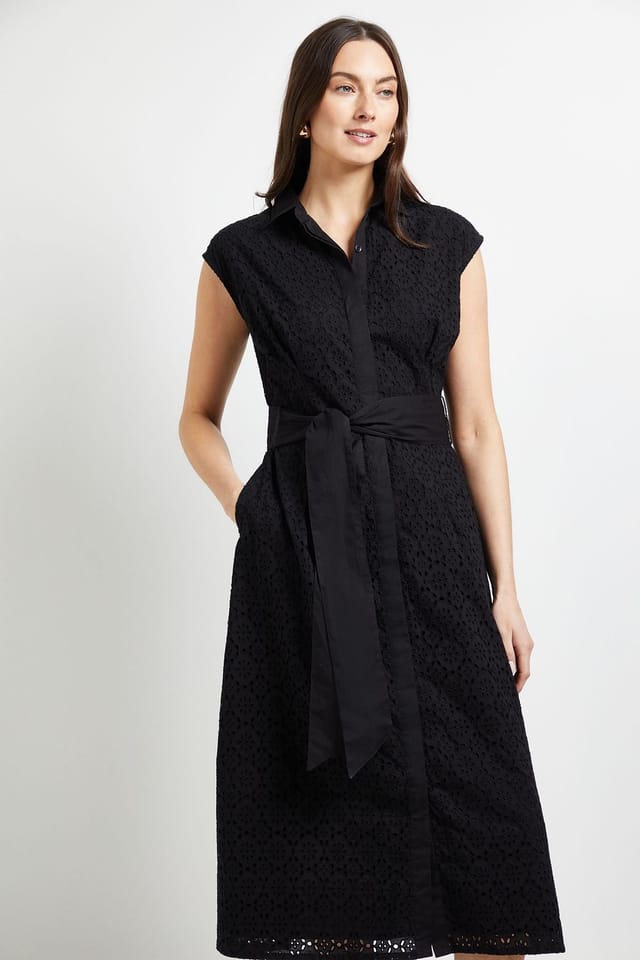 Principles Principles Women's Black Broderie Tie Waist Midi Shirt Dress - 2
