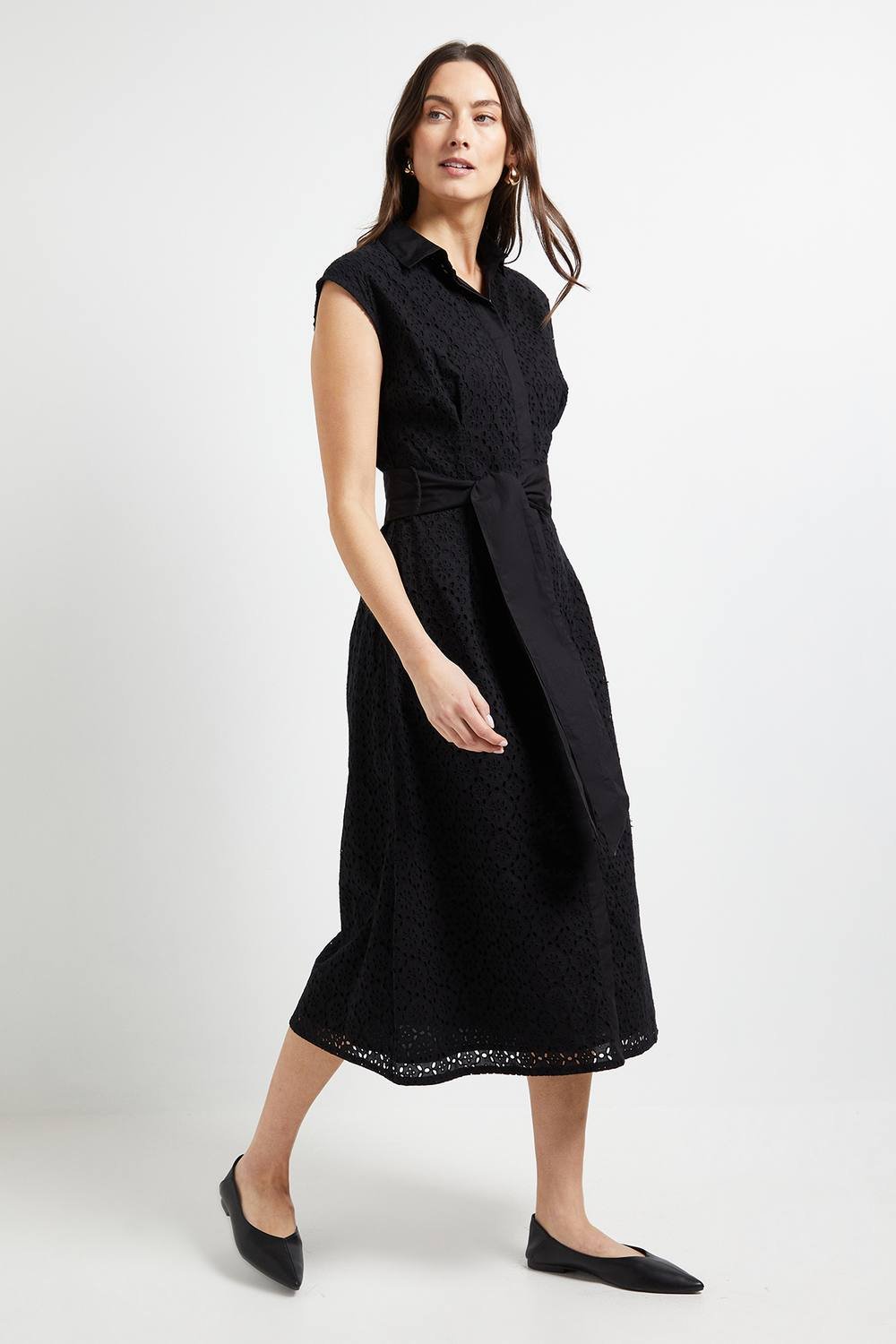 Principles Principles Women's Black Broderie Tie Waist Midi Shirt Dress - 3