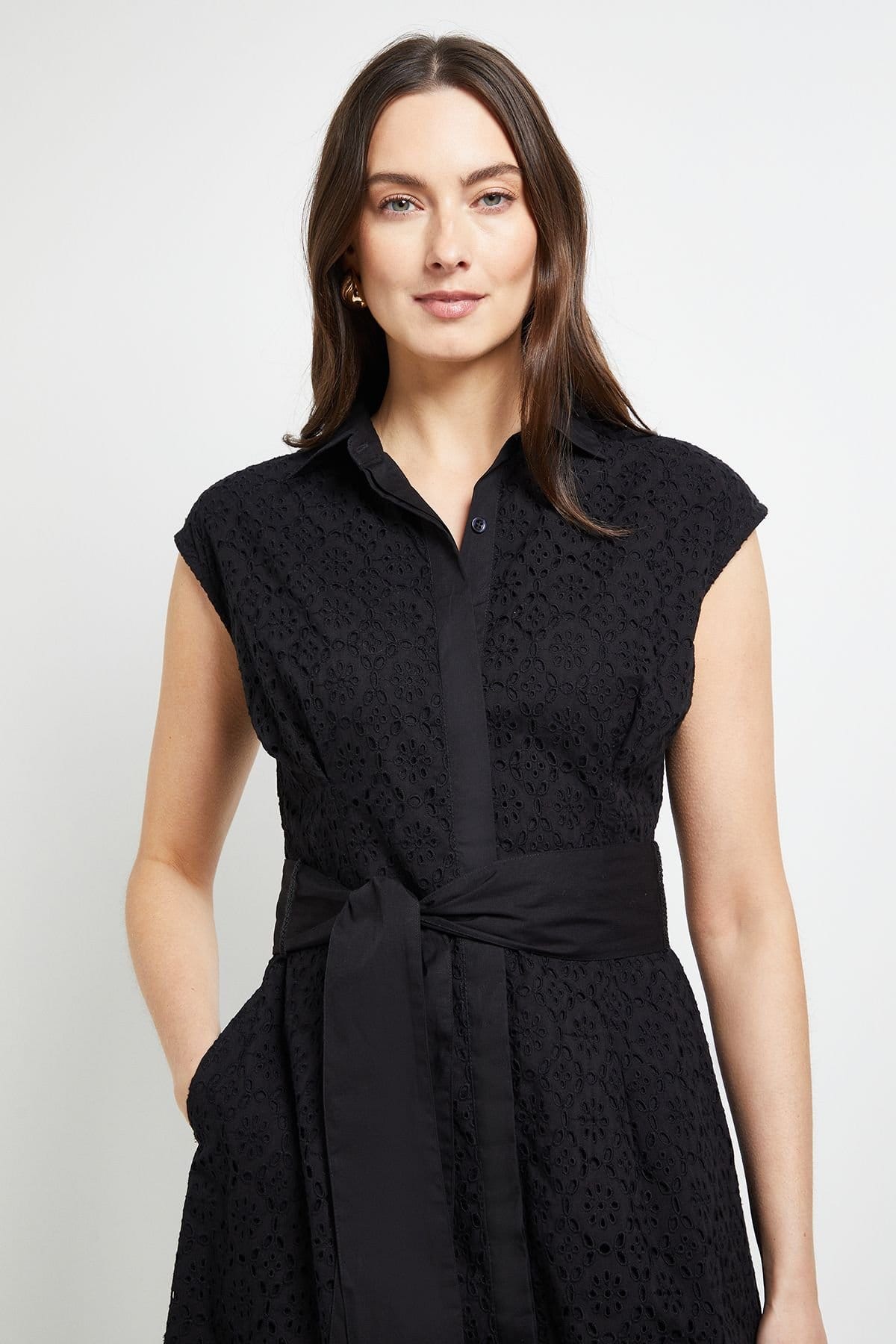 Principles Principles Women's Black Broderie Tie Waist Midi Shirt Dress - 4