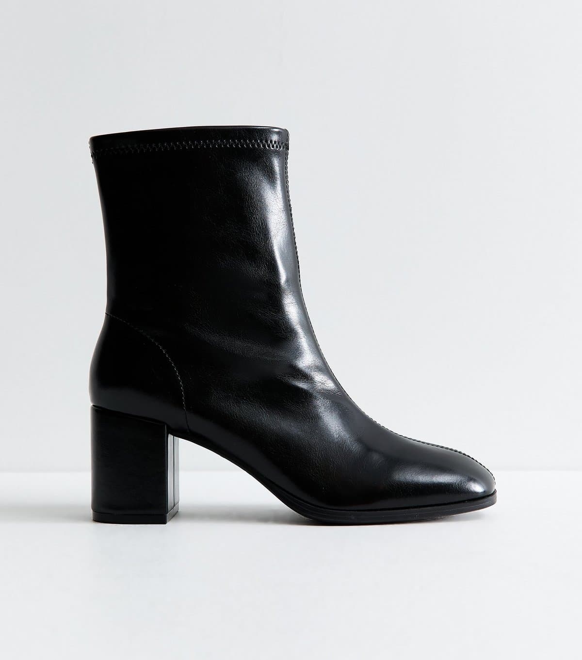 New Look Women's Black Faux Leather Sock Block Heel Ankle Boots Vegan New Look