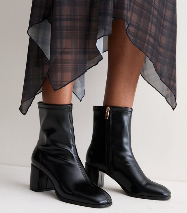 New Look Women's Black Faux Leather Sock Block Heel Ankle Boots Vegan New Look - 2
