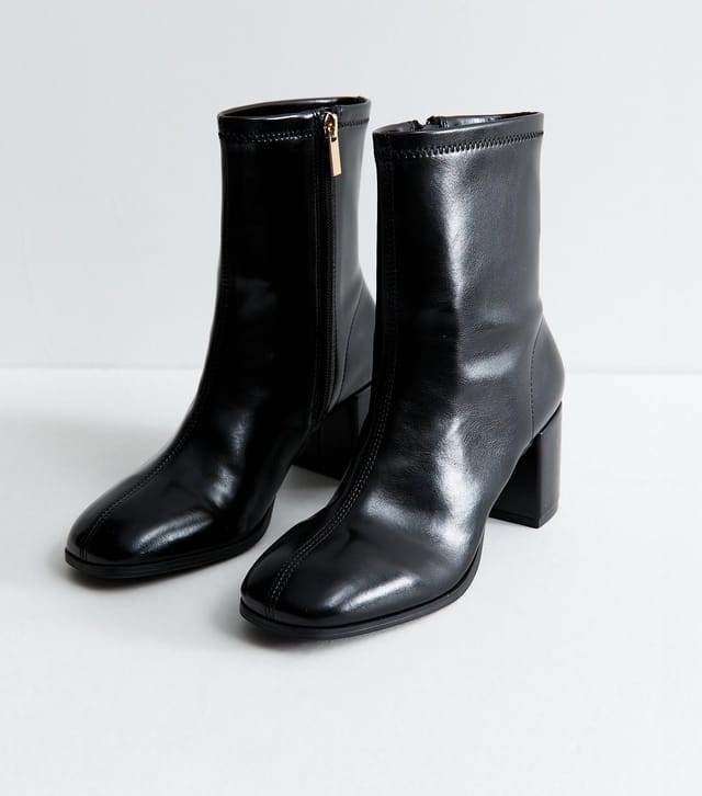 New Look Women's Black Faux Leather Sock Block Heel Ankle Boots Vegan New Look - 3
