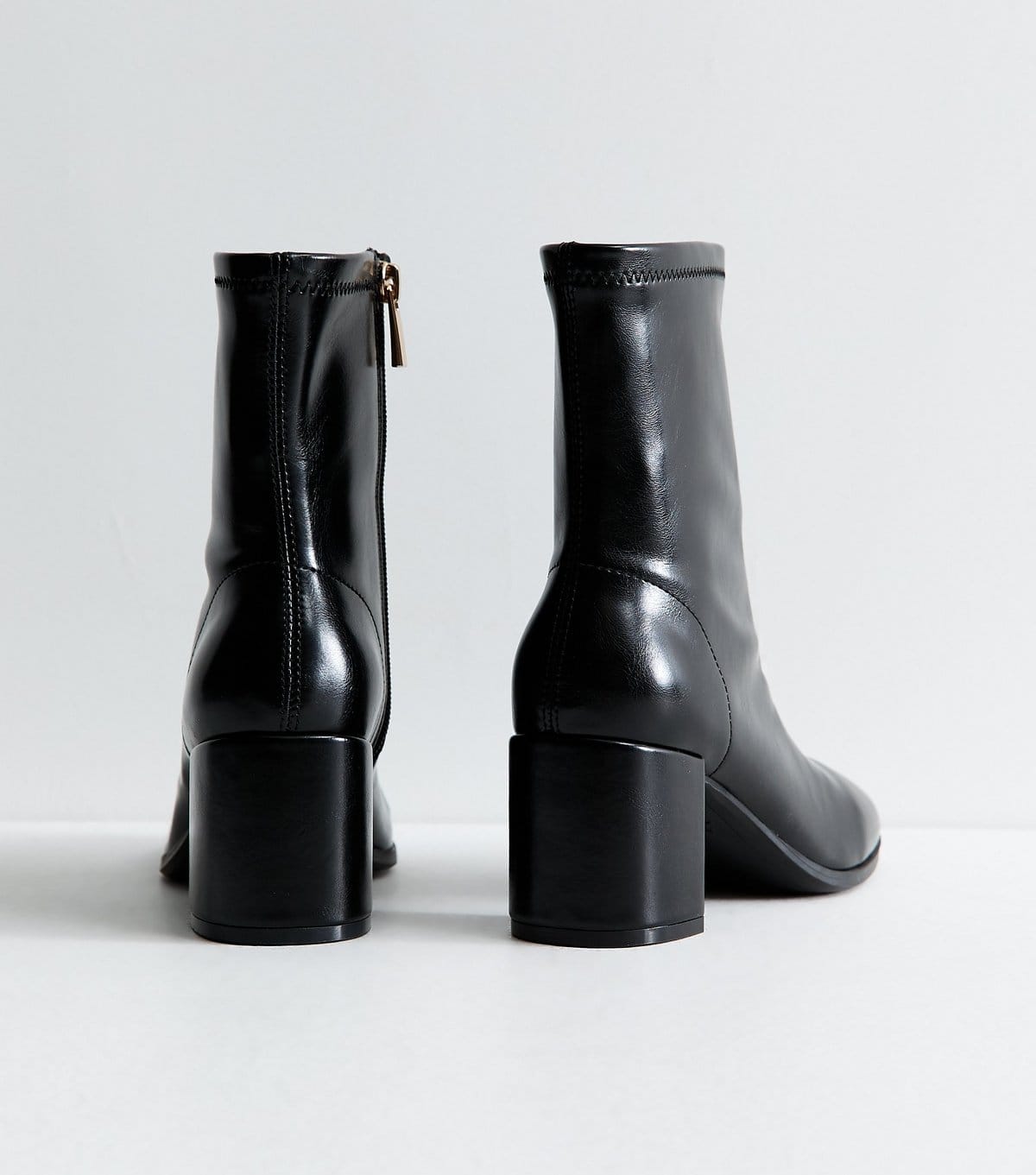 New Look Women's Black Faux Leather Sock Block Heel Ankle Boots Vegan New Look - 4