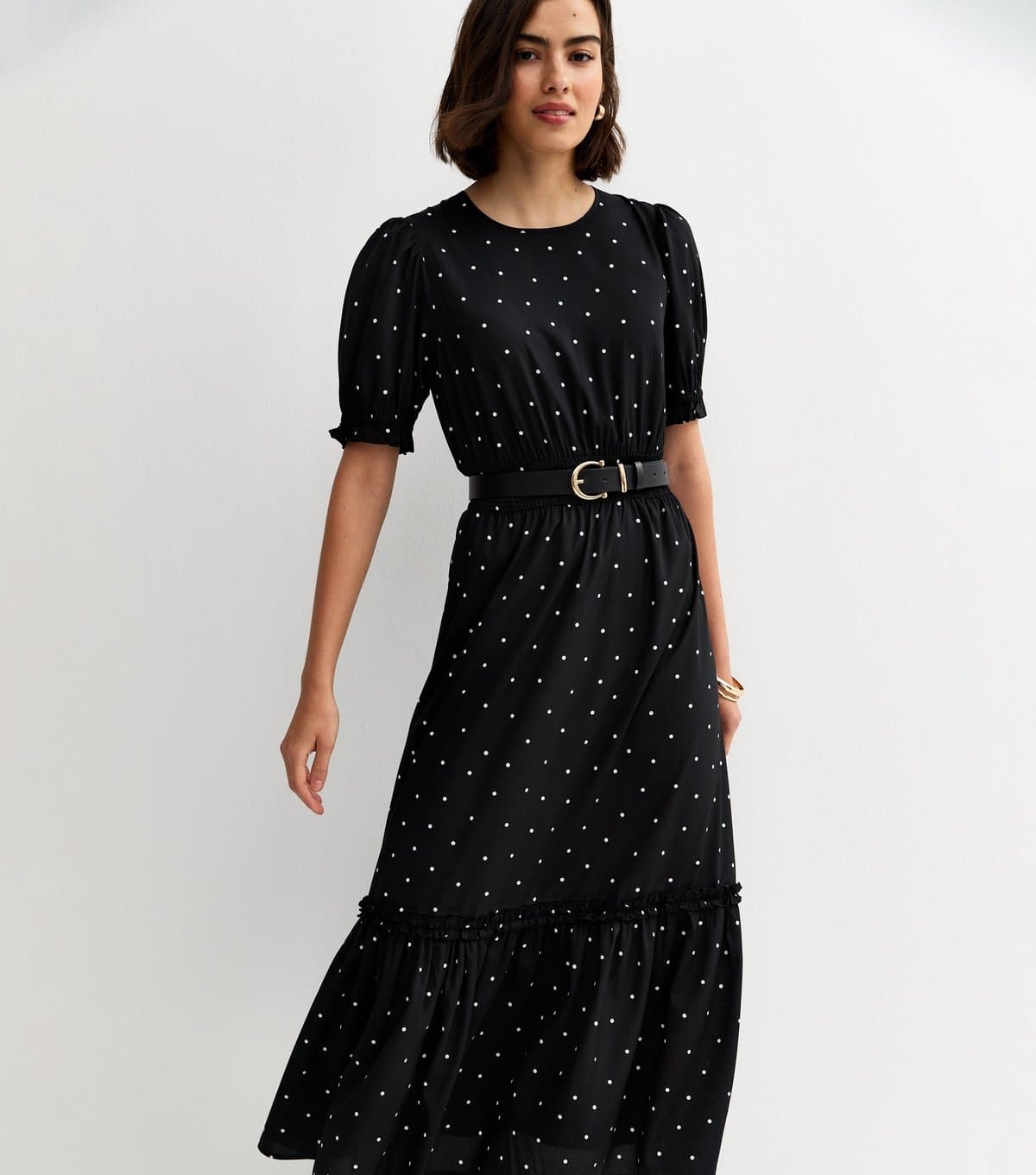 New Look Women's Black Spotty Short Sleeve Tiered Midi Dress New Look
