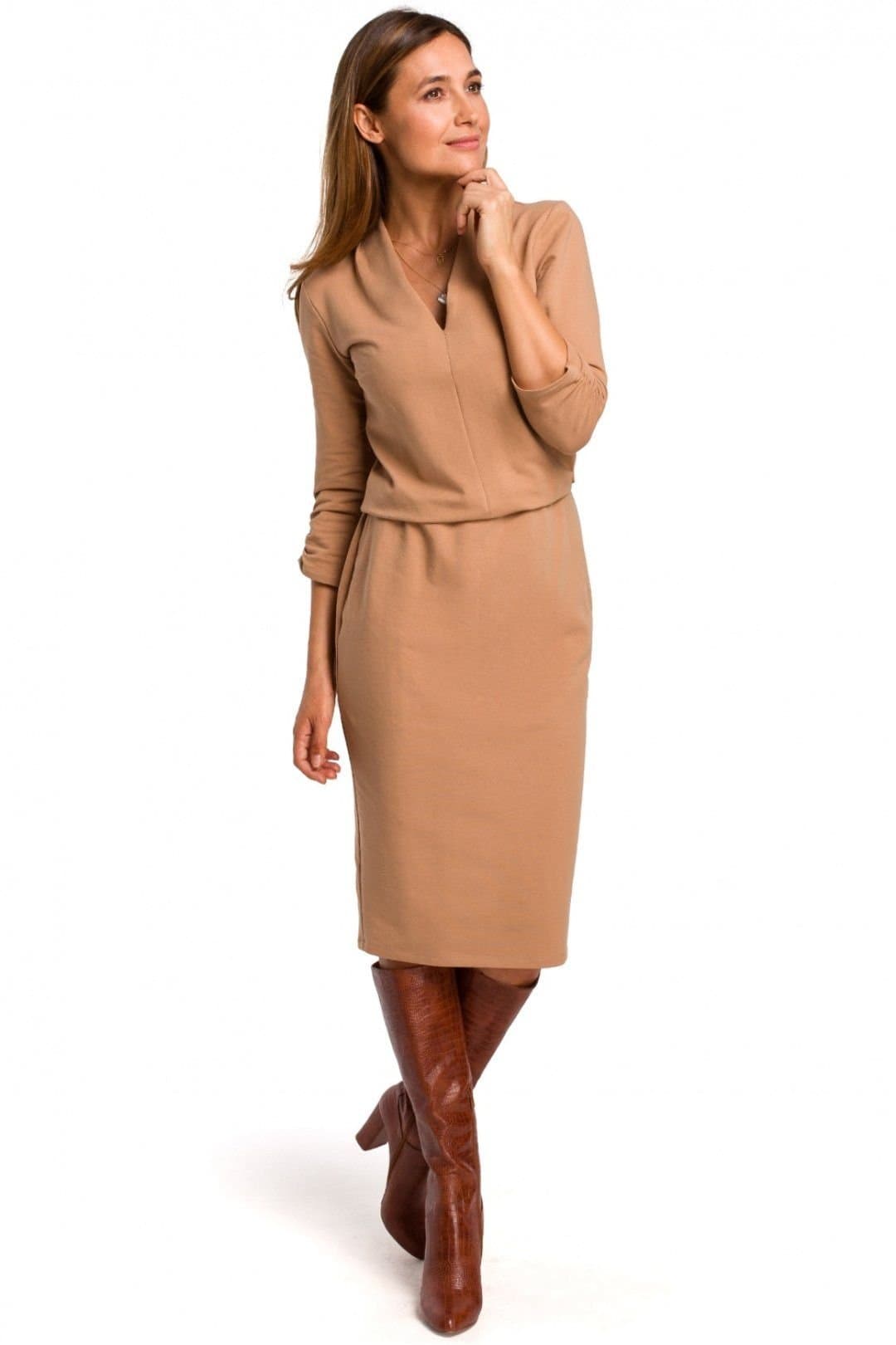 Love Lace Love Lace Women's Classic Cotton Knit Day Dress with Elastic Waist in Beige