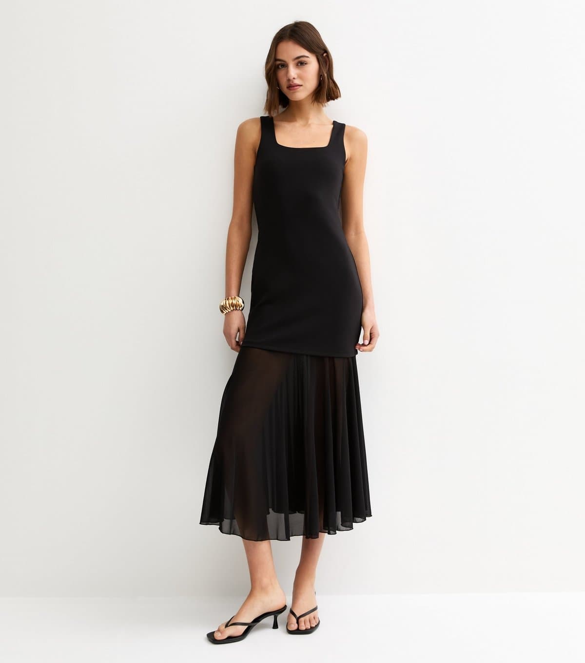 New Look Women's Black 2in1 A-line Semi Sheer Skirt Midi Dress New Look