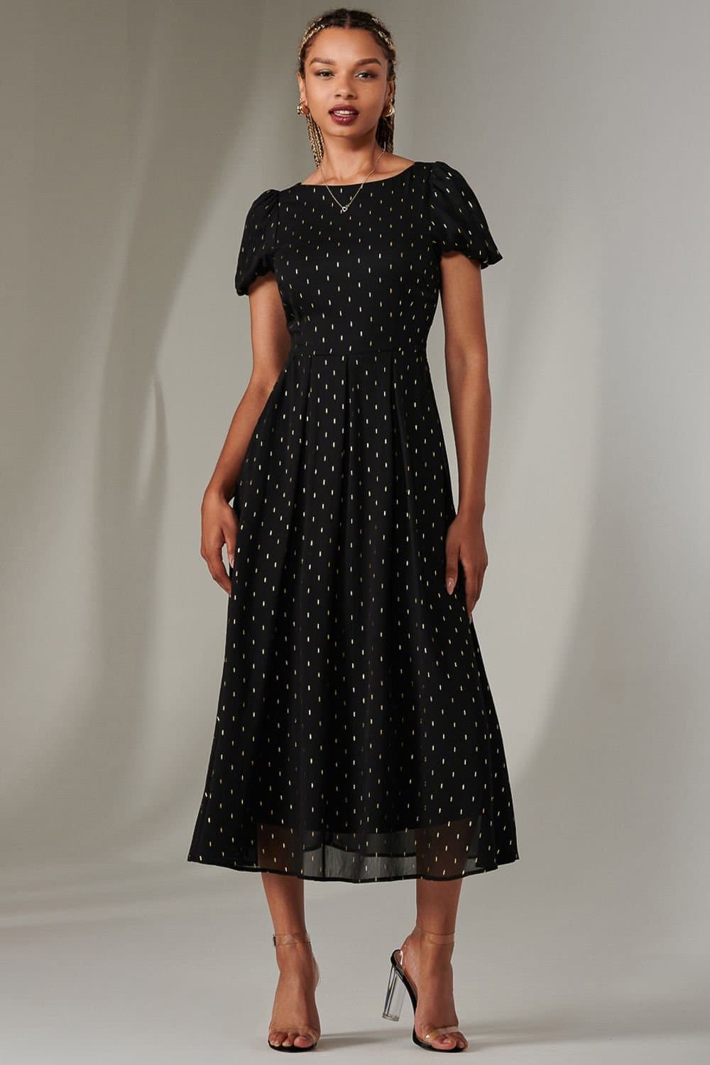 Jolie Moi Jolie Moi Women's Metallic Spot Chiffon Midimix Dress in Black