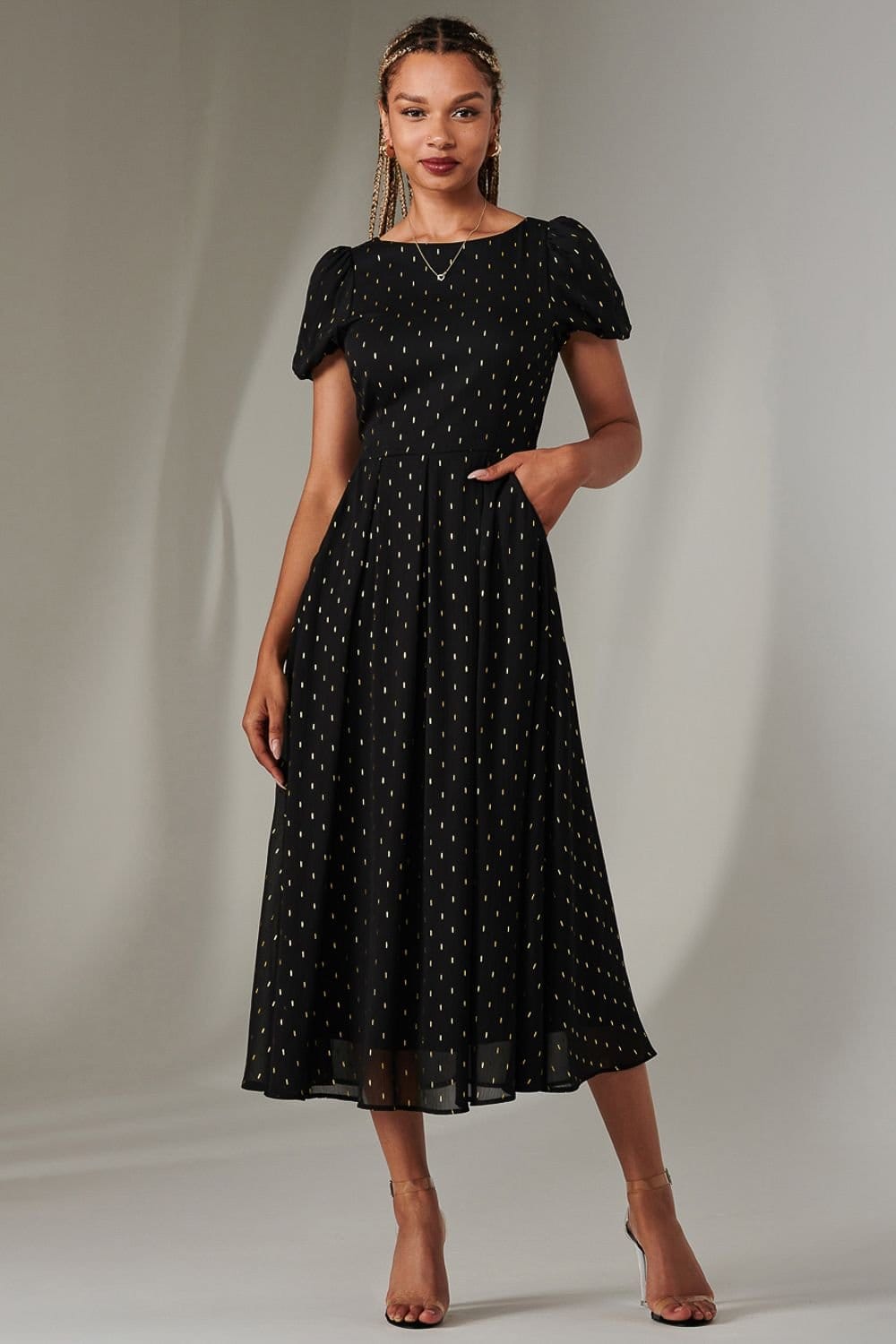 Jolie Moi Jolie Moi Women's Metallic Spot Chiffon Midimix Dress in Black - 4