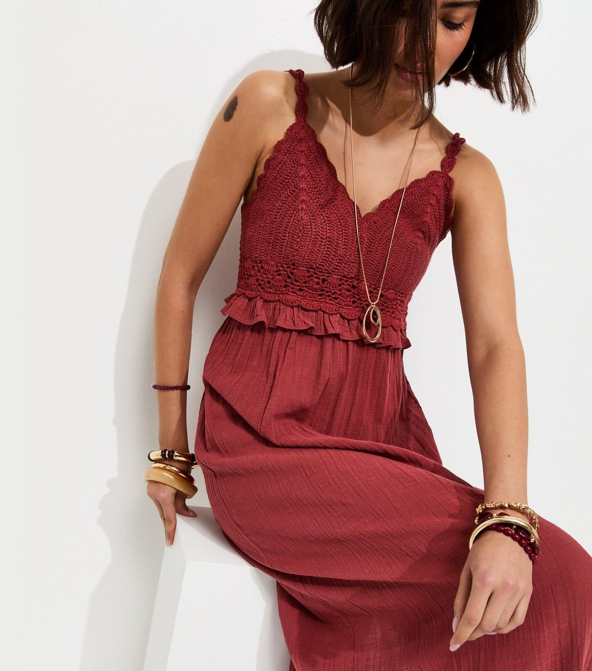 New Look Rust Crochet Strappy Midi Dress
