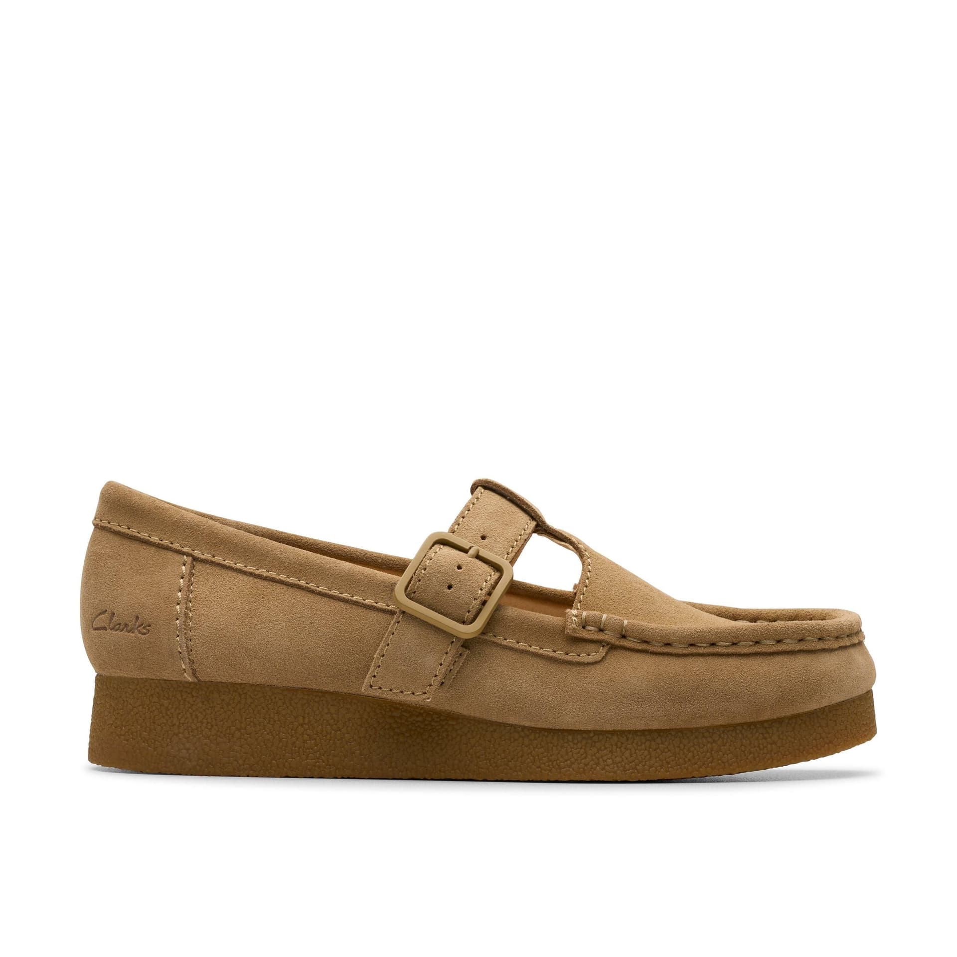 Clarks Clarks Women's Wallabee EVO Bar Dark Sand Suede T Bar Shoes, Wallabee in Beige