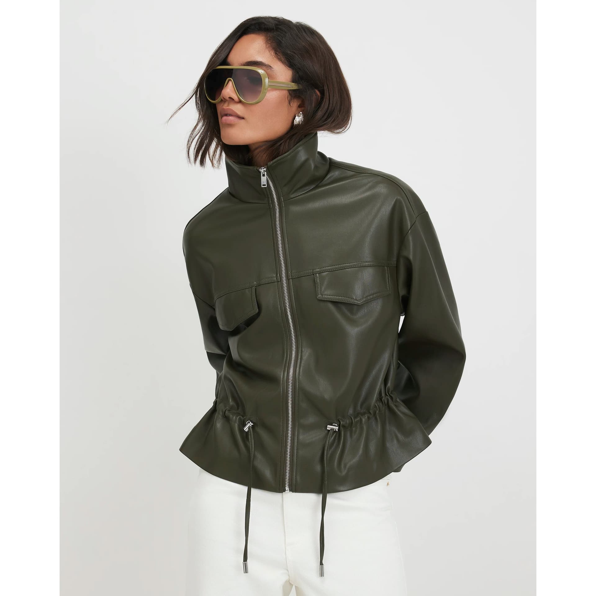 River Island River Island Womens Khaki Faux Leather Drawstring Funnel Jacket