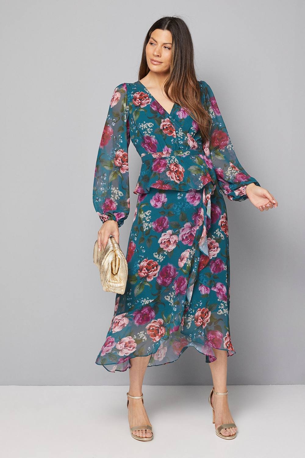 Wallis Wallis Women's Floral Ruffle Peplum Midi Dress in Green - 2