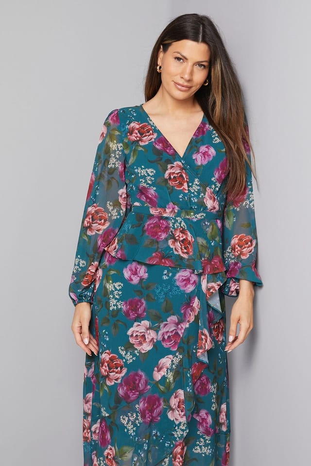 Wallis Wallis Women's Floral Ruffle Peplum Midi Dress in Green - 2